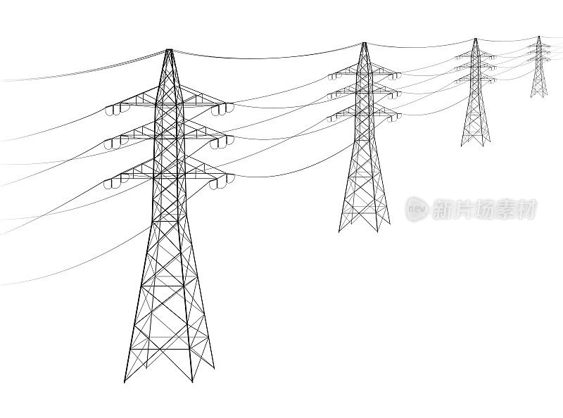 架空电力线路。许多电子屋檐在远处散开。电力传输和供应。采购关于电力或线路建设费用的一篇文章。