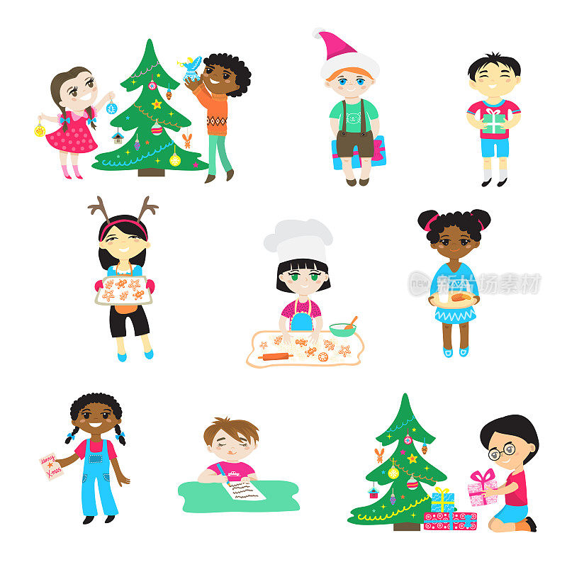 孩子在圣诞矢量卡通人物男孩和女孩在圣诞帽玩孩子装饰圣诞树和礼物在婴儿室为庆祝冬季假期厨师饼干插图孤立