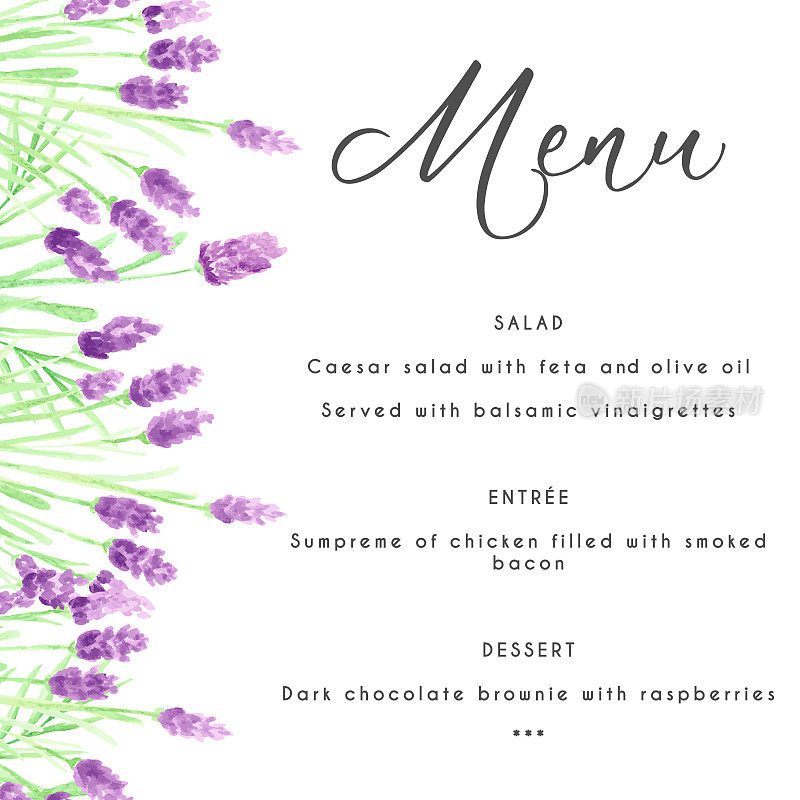 婚礼邀请，邀请菜单模板与手绘水彩花