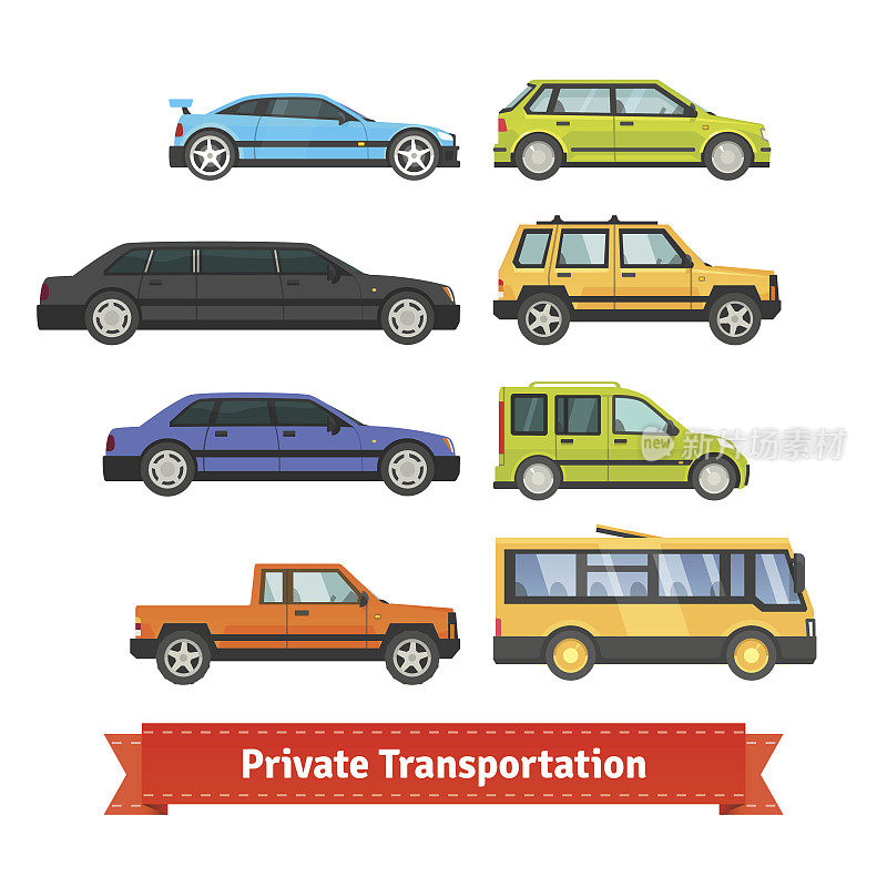 私人交通工具。各种汽车和车辆
