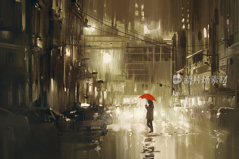 雨夜，女人撑着红伞过马路
