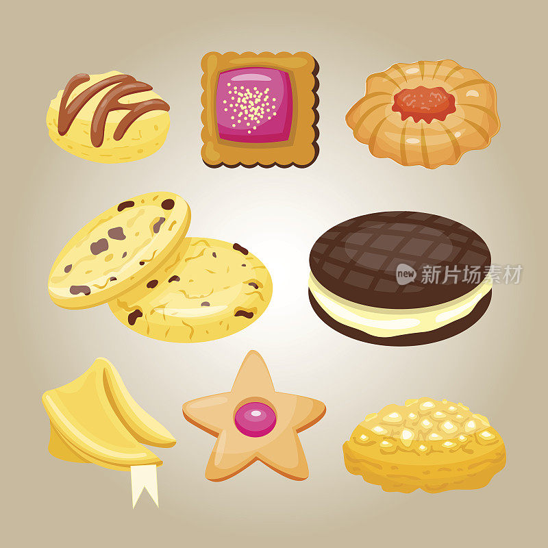 不同的饼干自制早餐烘焙蛋糕隔离和美味的零食饼干糕点美味的甜品糕点吃矢量插画