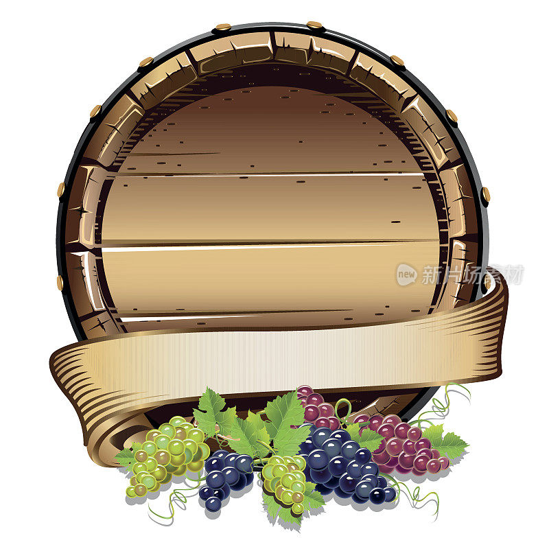 酒桶里装着一串串的葡萄