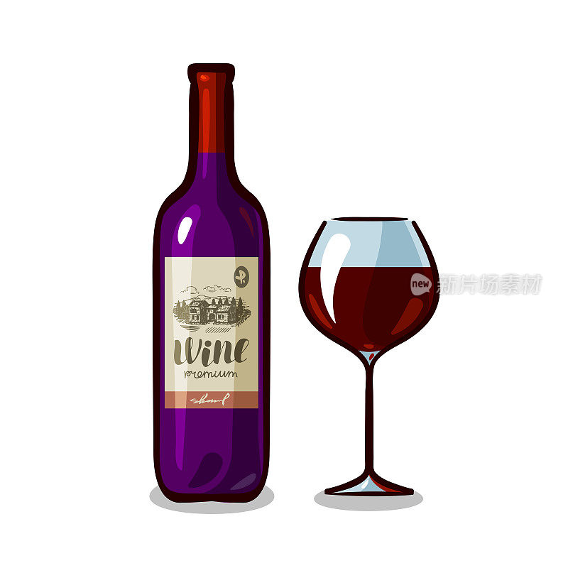 一瓶葡萄酒和一只玻璃杯。酒厂、酒类饮料、饮料概念。矢量图