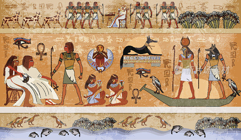 古埃及场景，神话。埃及的神和法老。古庙外墙上的象形雕刻