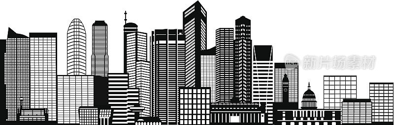 新加坡城市天际线黑白矢量插图
