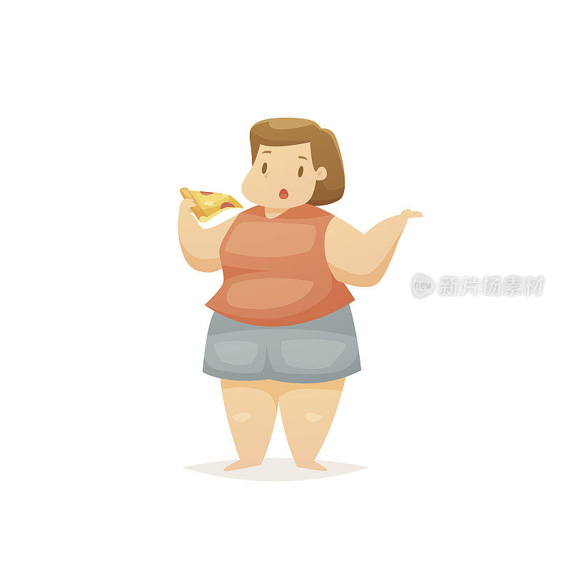 胖女人吃披萨矢量插图