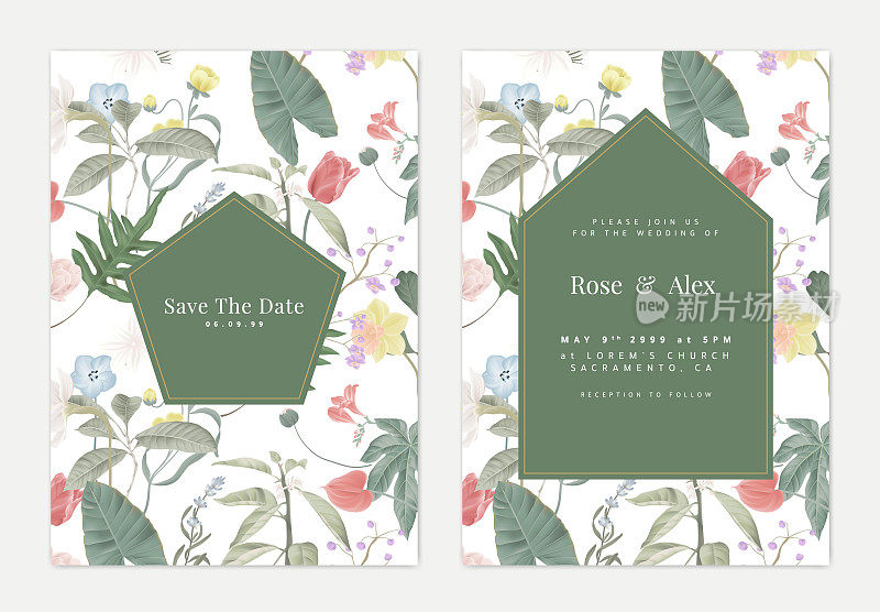 植物婚礼请柬模板设计，各种花和叶子图案在白色与绿色的五边形框架
