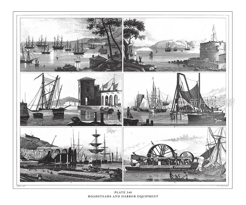路堤和港口设备雕刻古董插图，出版于1851年