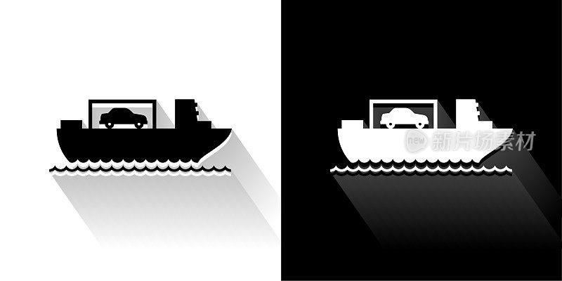 船运送汽车黑色和白色与长影子的图标