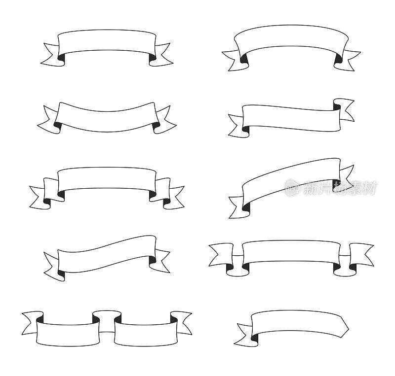 一套丝带，横幅(轮廓，线条艺术)-设计元素在白色的背景