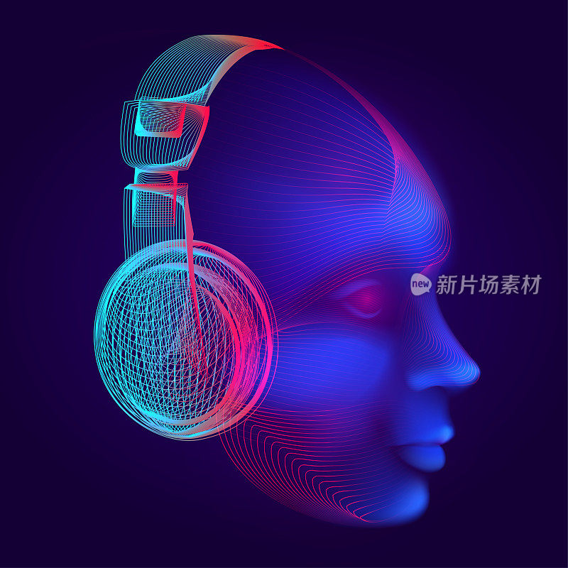 霓虹网络dj或机器人头部与轮廓电子耳机线框。深蓝背景的科技线条艺术风格的抽象人脸的人工智能矢量插图