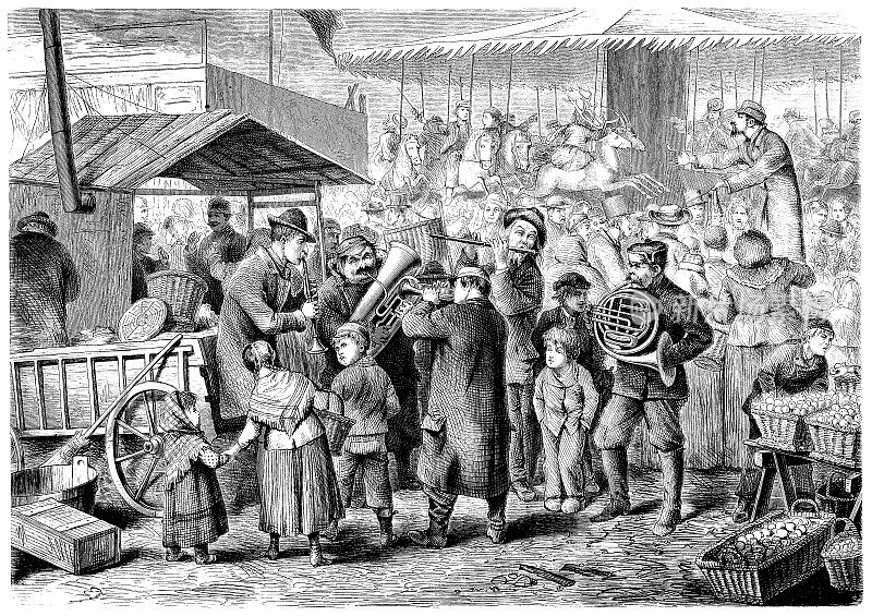集市，莱比锡，德国集市期间，19世纪