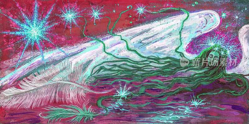 时尚的插图现代的艺术作品帆布上的油画寓言的水平肖像一个漂浮的游泳的女孩美人鱼的长头发在一个黎明前的红色天空和褪色的蓝色星星的翅膀的一个早晨