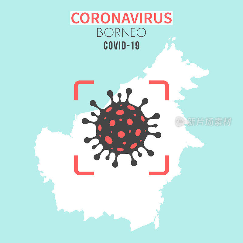 婆罗洲地图，红色取景器中有冠状病毒细胞(COVID-19)