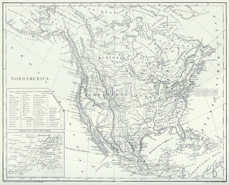 古董雕刻古董，北美古董地图雕刻古董插图，1851年出版