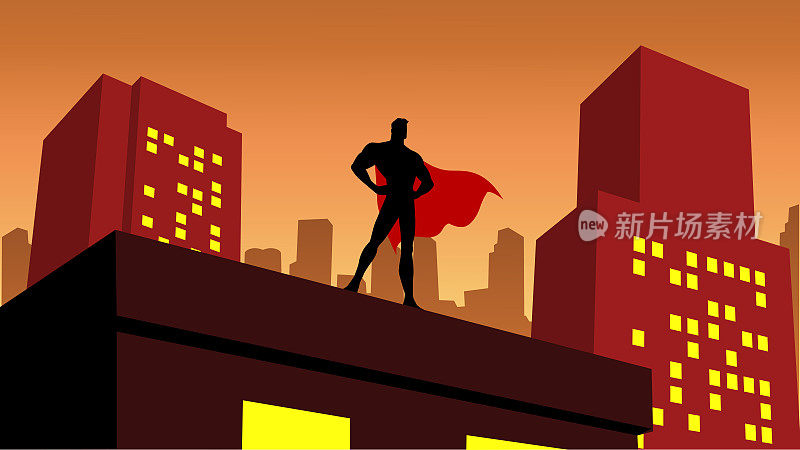 向量超级英雄剪影在城市股票插图