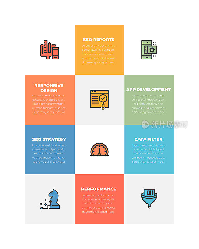 信息图表设计模板。响应式设计，应用程序开发，搜索引擎优化报告，搜索引擎优化策略，数据过滤器，性能图标6个选项或步骤。