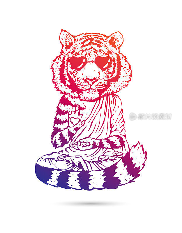 老虎-佛陀-一个戴着酷酷墨镜的和尚。穿着长袍的佛教徒。一只莲花姿势的老虎在地上飞翔。
