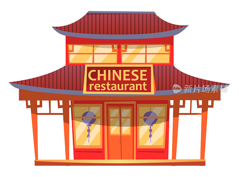 中餐厅卡通插图的建筑立面和灯笼在白色的背景