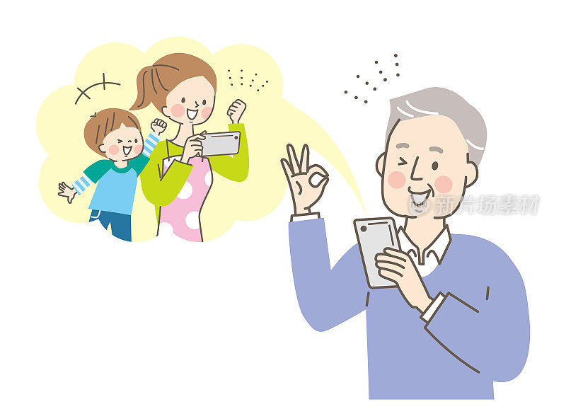 老年人，女儿和孙子用他们的智能手机打视频电话