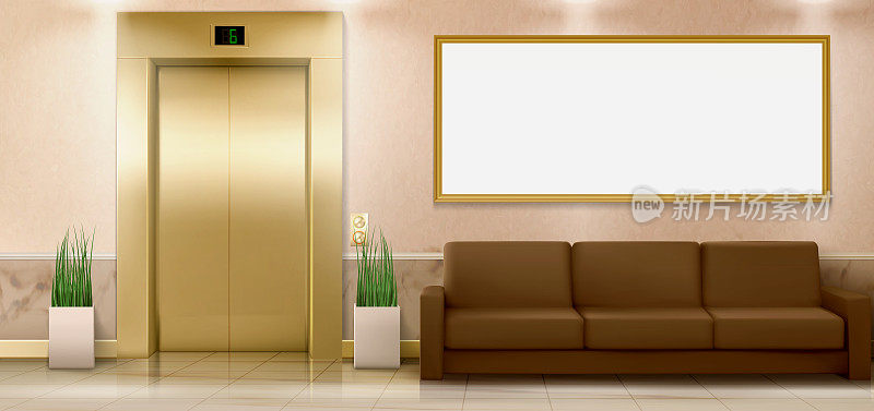大堂内设金色电梯、沙发和横幅