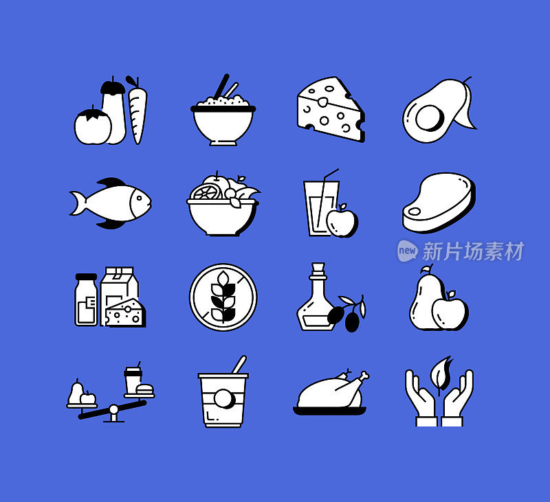 健康食物相关图标向量集合。现代风格符号向量插图