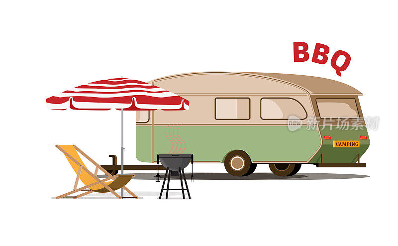矢量插图的复古大篷车与沙滩椅，烧烤架和阳伞。