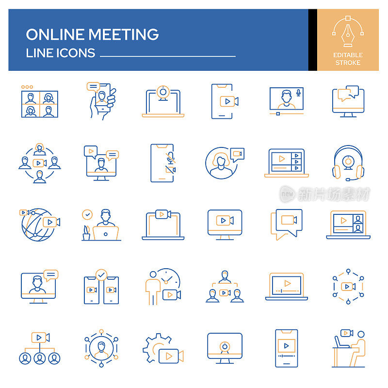 在线会议和视频通话相关线路图标设置。轮廓符号集合，可编辑的描边