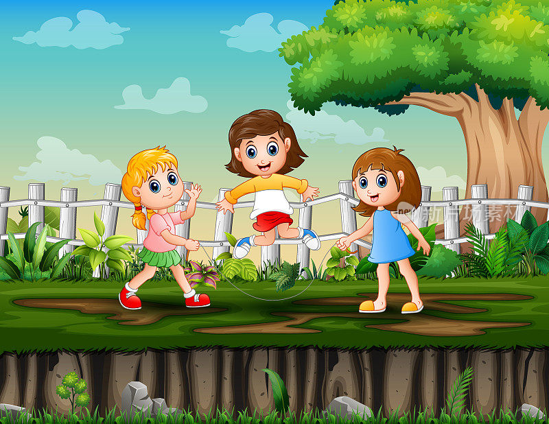 三个女孩在公园里玩跳绳
