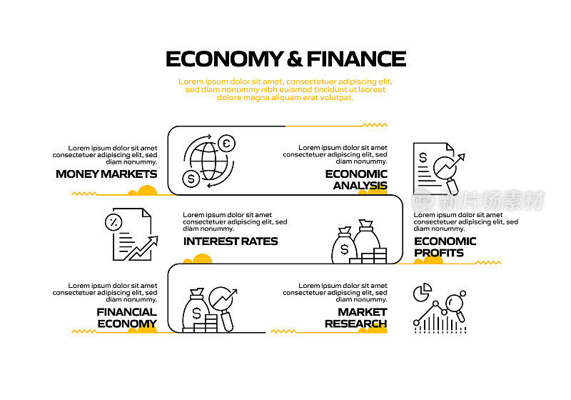 经济和金融相关流程信息图表模板。过程时间图。带有线性图标的工作流布局