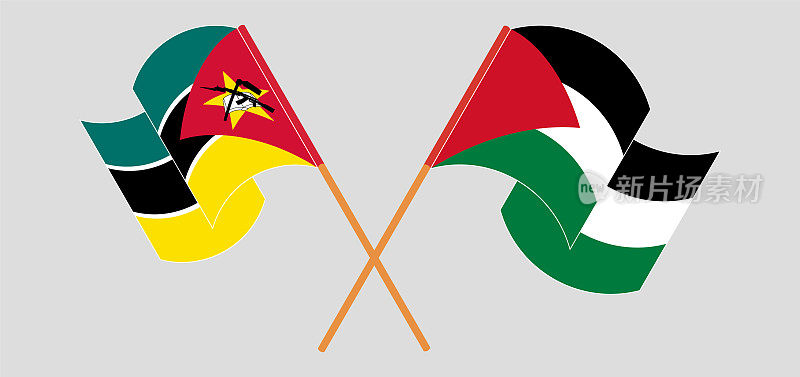交叉并挥舞着莫桑比克和巴勒斯坦的旗帜