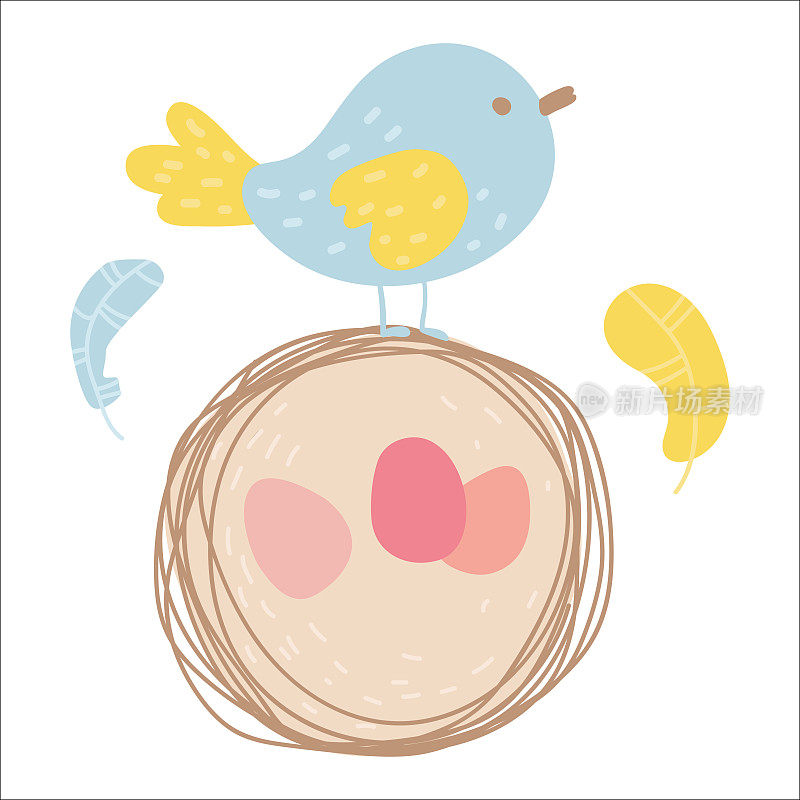 春天复活节的鸟在一个有蛋的窝里卡通画