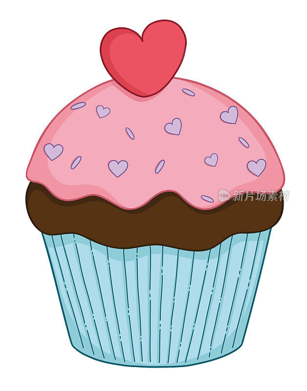巧克力纸杯蛋糕，草莓糖霜，装饰着粉红色的心为情人节