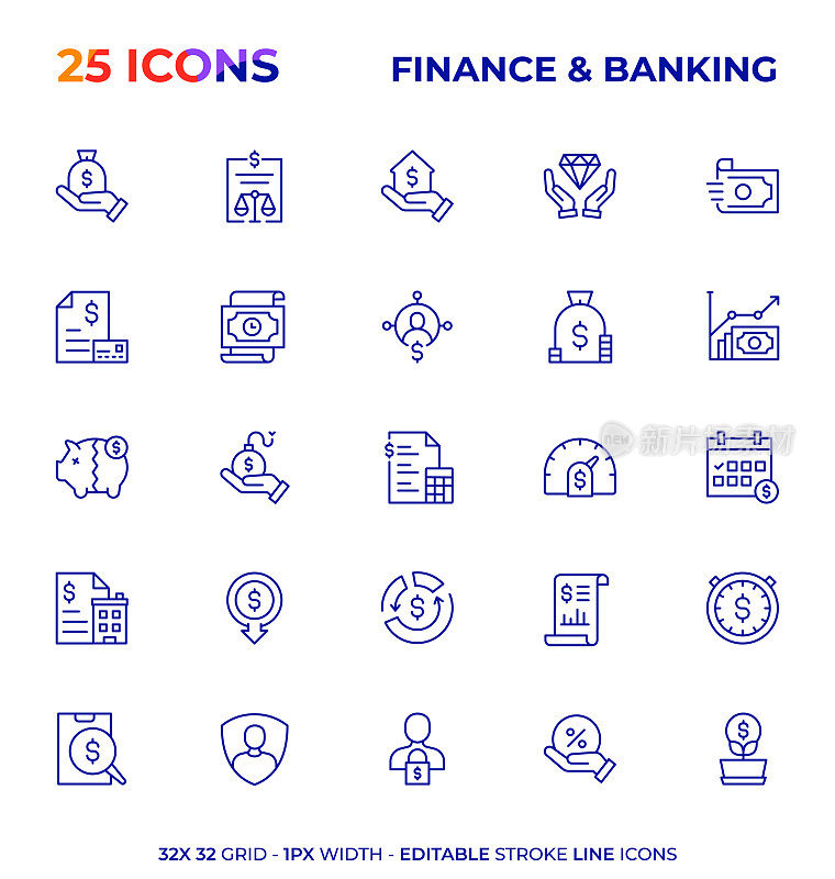 金融和银行可编辑的笔触线图标系列