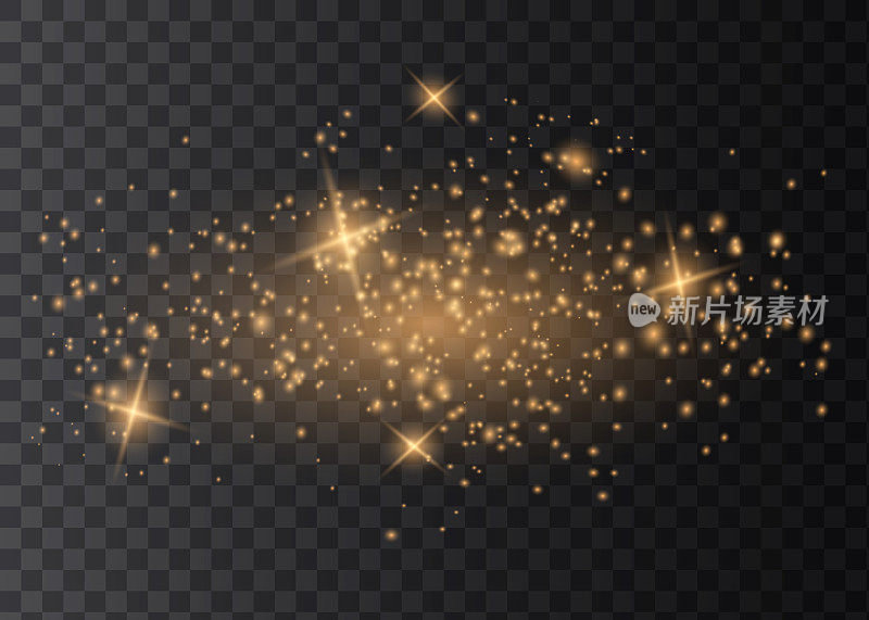 尘埃火花四射，金色的星星闪耀着特殊的光芒。在透明背景上的矢量闪光。