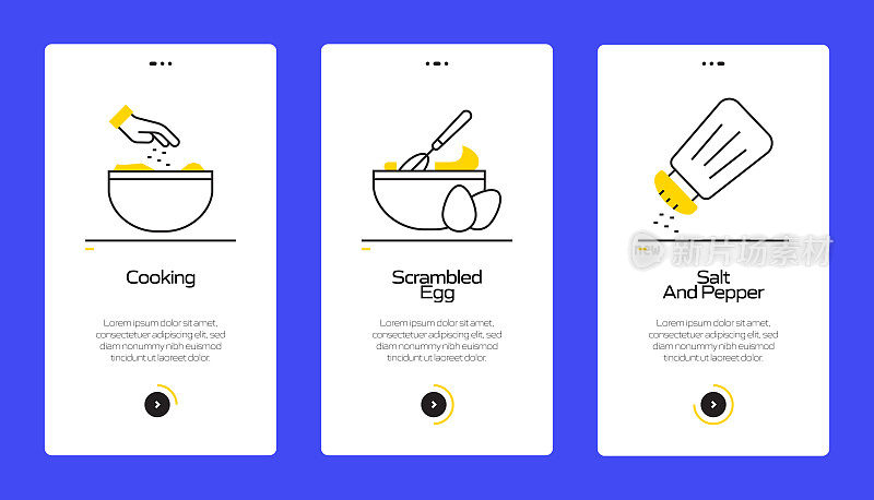 在移动应用页面上使用扁平图标的烹饪概念。用户体验，UI设计模板矢量插图