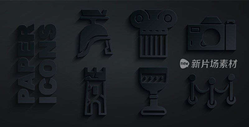 设置中世纪高脚杯，相机，城堡塔，绳索屏障，古代圆柱和罗马军队头盔图标。向量
