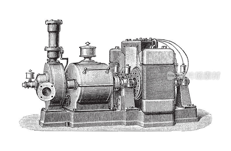 老式蒸汽轮机与发电机-老式雕刻插图