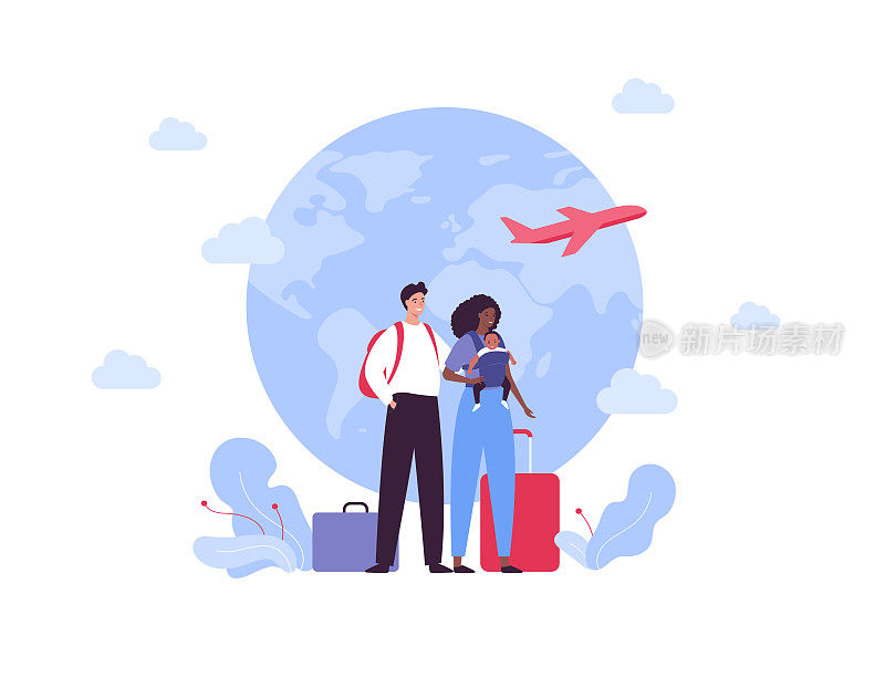 家庭旅游和全球旅游理念。矢量平面人插图。一对混合种族的父母带着孩子和行李在地球上的飞机背景。