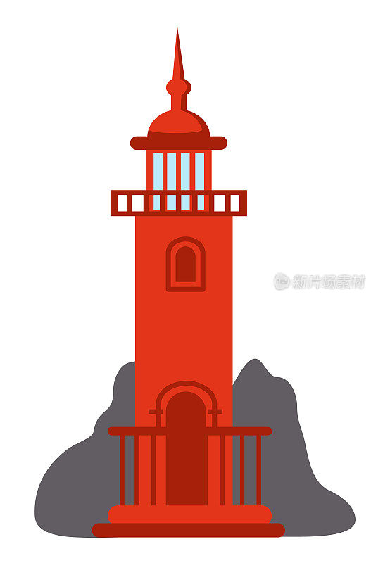 红色灯塔图标孤立于白色，为船舶导航建筑，卡通矢量灯塔