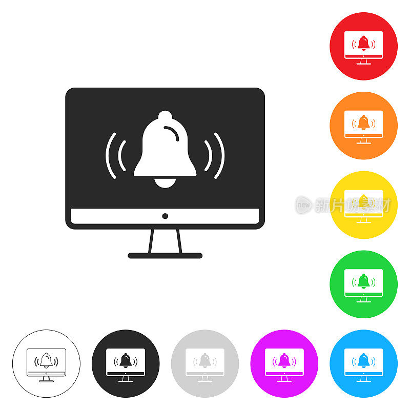 桌面电脑铃声通知。彩色按钮上的图标