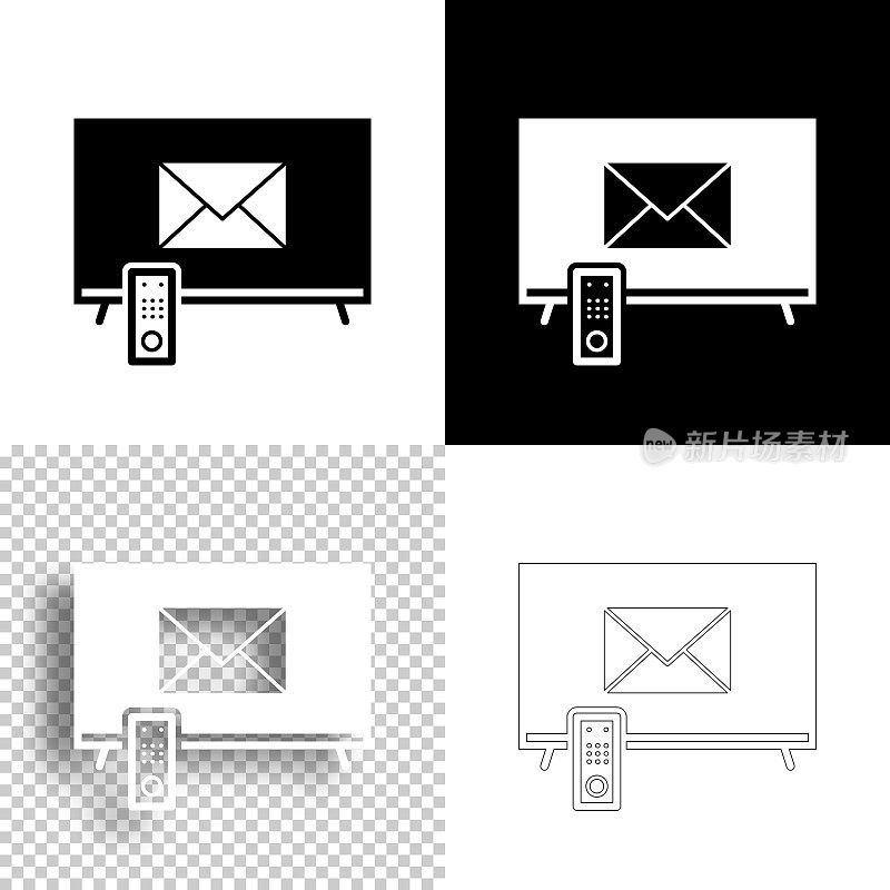 电视与电子邮件信息。图标设计。空白，白色和黑色背景-线图标