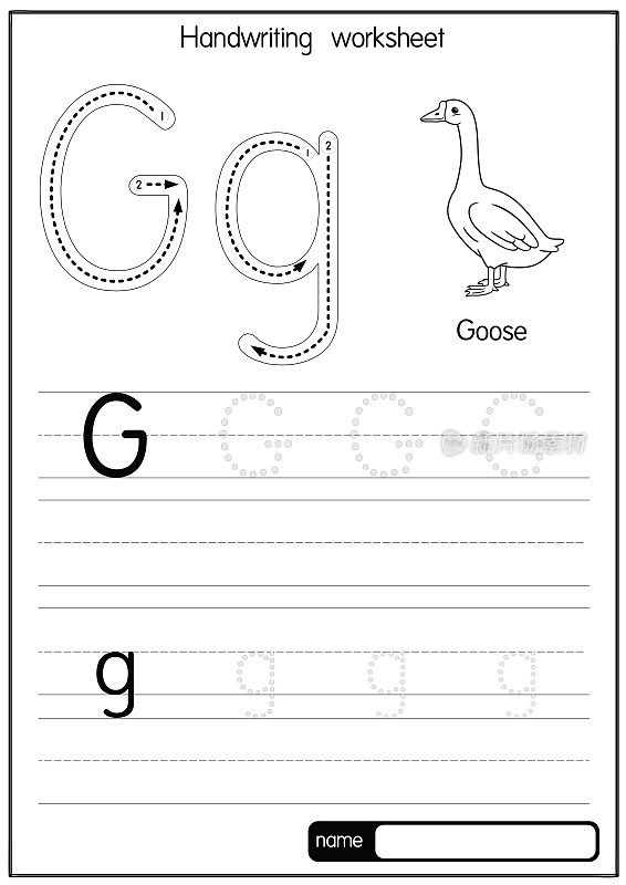 黑白矢量插图鹅与字母G大写字母或大写字母的儿童学习练习ABC