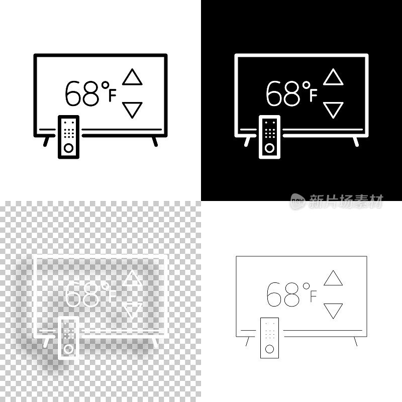 带加热控制的电视。图标设计。空白，白色和黑色背景-线图标