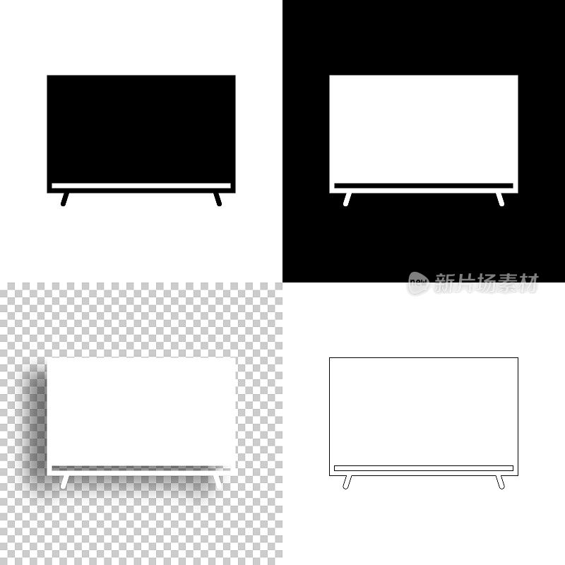 电视。图标设计。空白，白色和黑色背景-线图标