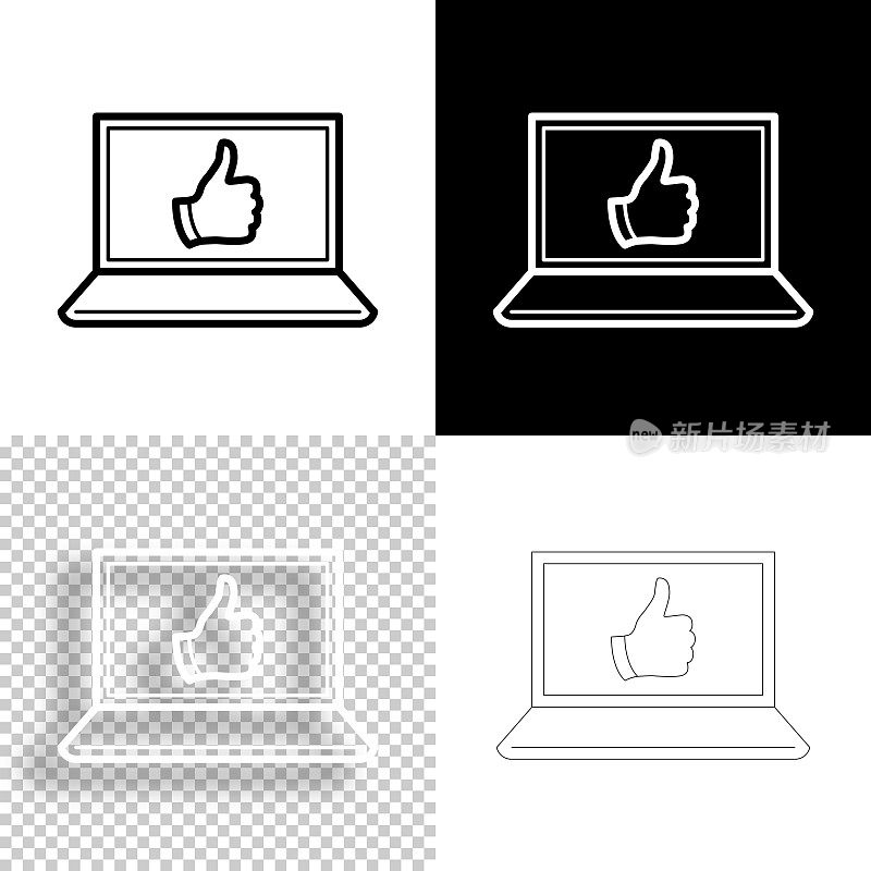 竖起大拇指的笔记本电脑。图标设计。空白，白色和黑色背景-线图标