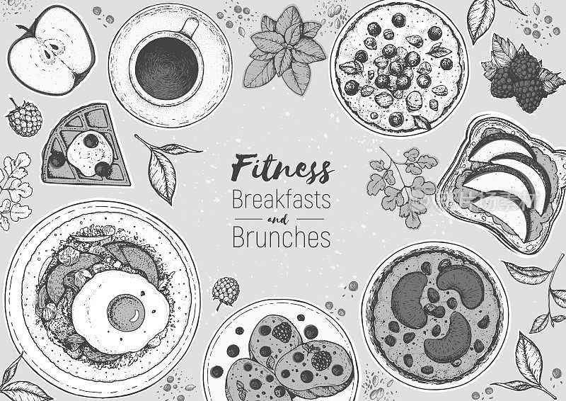 早餐和早午餐俯瞰框架。食品菜单设计。复古手绘草图，矢量插图。雕刻风格。
