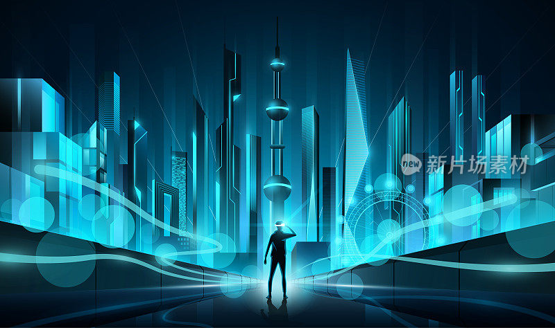 元宇宙未来蓝色城市景观透视视图，元宇宙科技世界概念，矢量插图