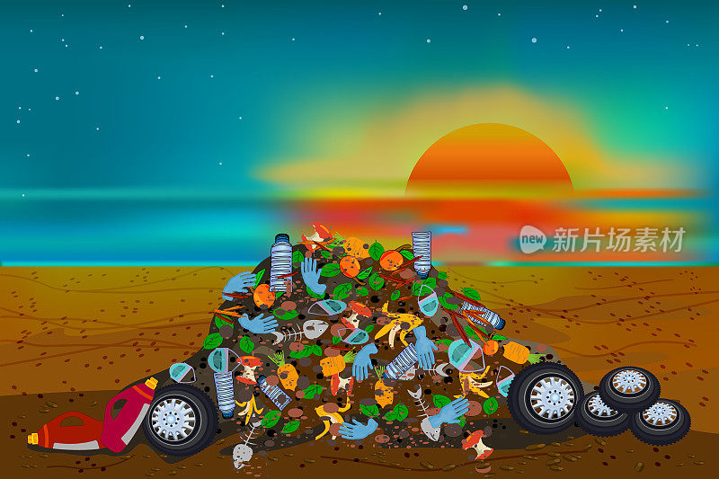 海滩上的废物堆。城市垃圾填埋场。环境与海洋污染问题的概念。城市垃圾与成堆的垃圾和塑料垃圾。城市垃圾场。垃圾场在夕阳下的天空在海边背景。股票矢量图